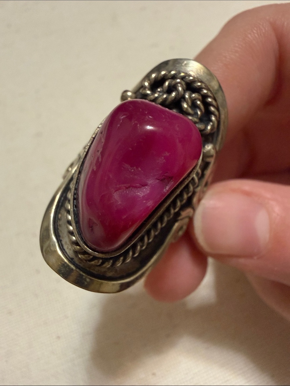 Sterling Silver not marked Ring W/ Deep Pink Stone size 8
